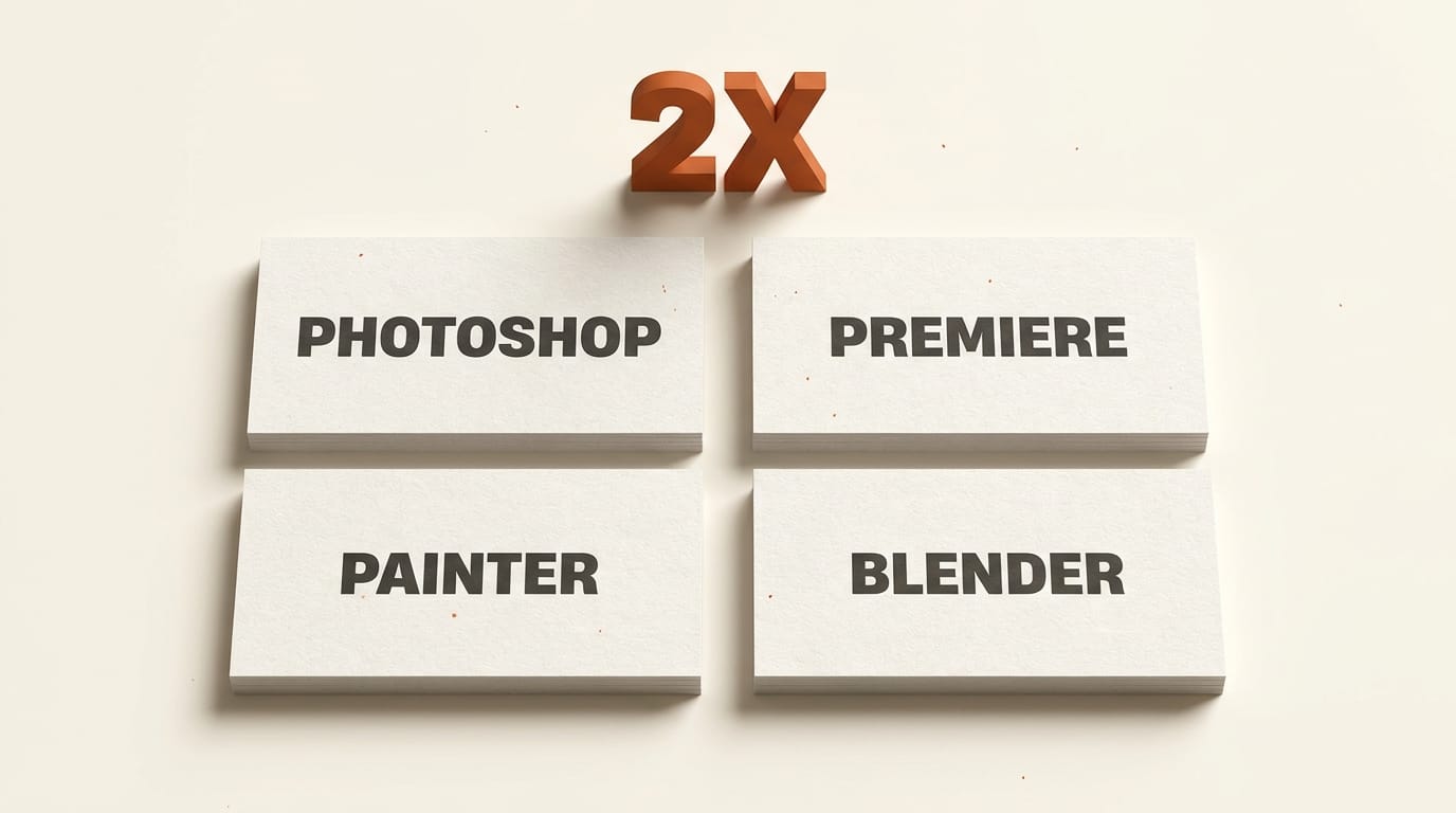 Benchmark grid comparing Photoshop, Premiere, Substance 3D Painter, and Blender Cycles operations before and after RTX Spark