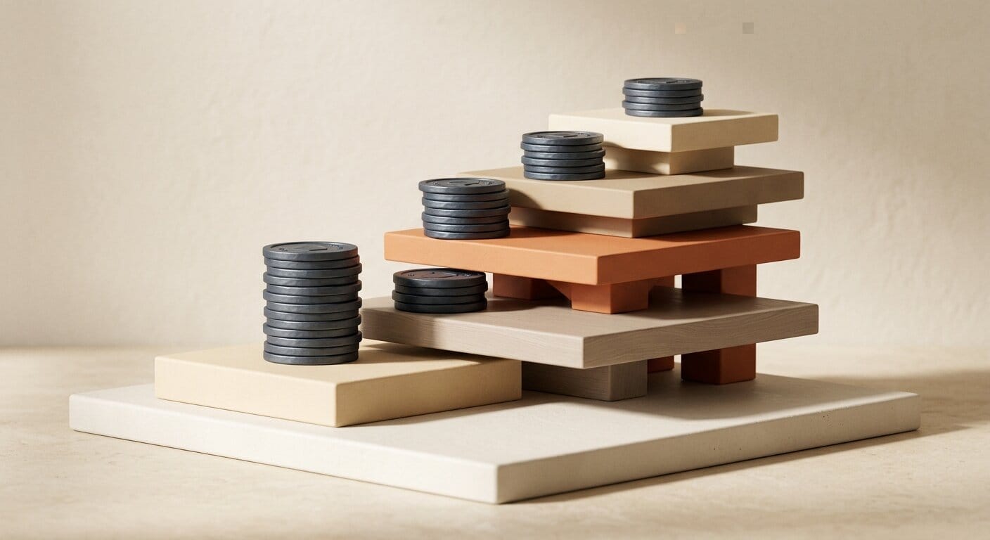 3D stacked coins and layered platforms representing AI video budget tiers for creators