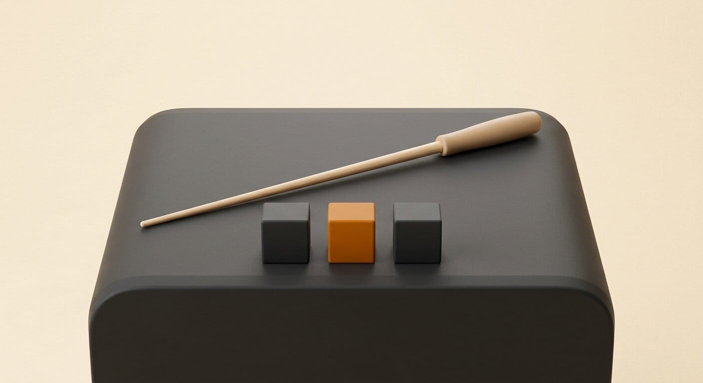 A conductor's baton over three blocks representing coordinated roles