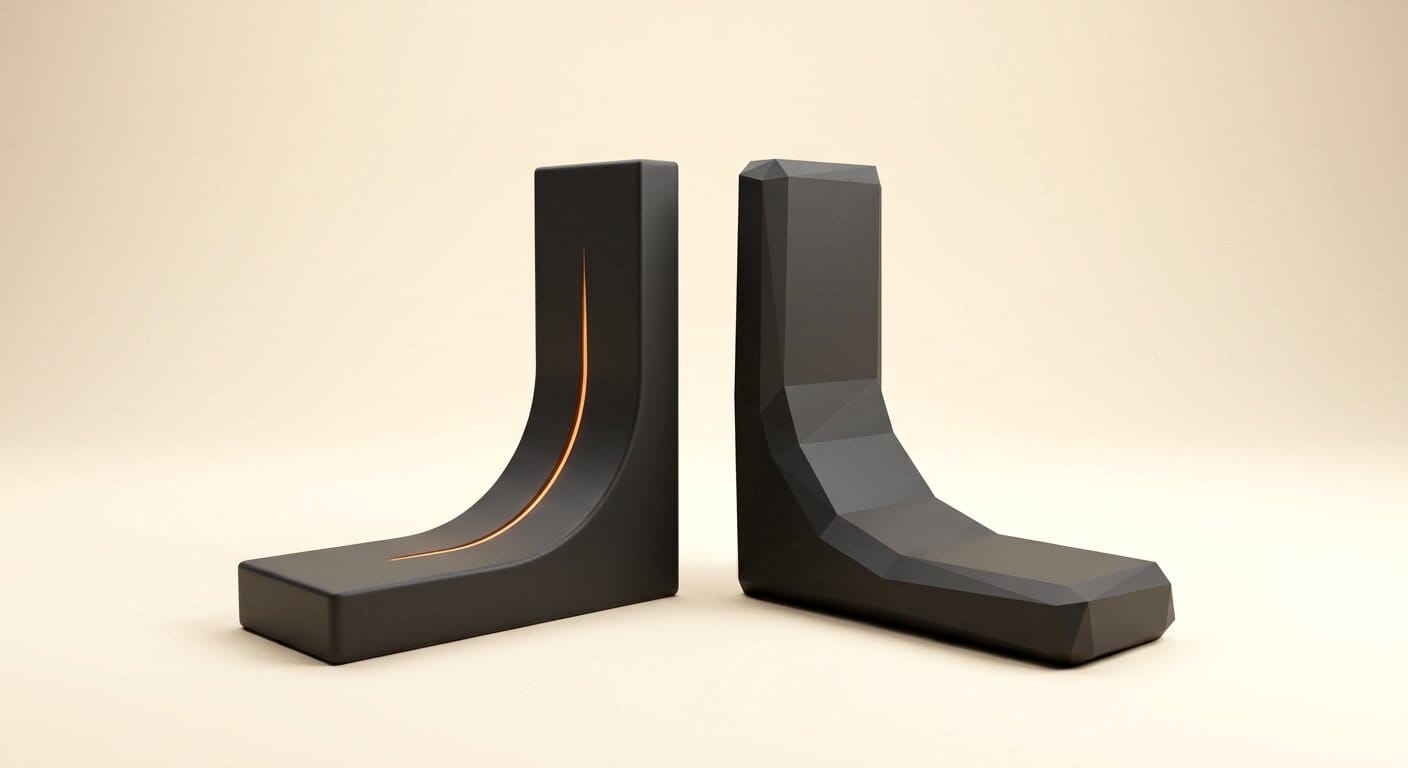 Minimal 3D render of a parametric bracket beside a polygon mesh, illustrating CAD versus mesh output