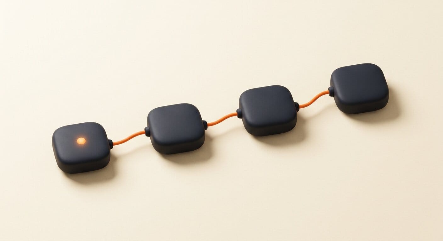 Matte 3D render of linked nodes forming an editing pipeline, a metaphor for a ComfyUI node graph