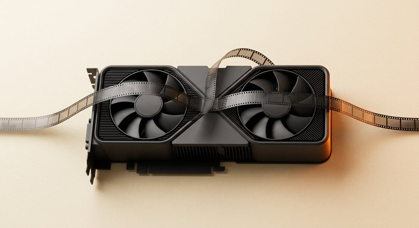Matte 3D render of a GPU with a film strip threading through it, a metaphor for local video editing hardware