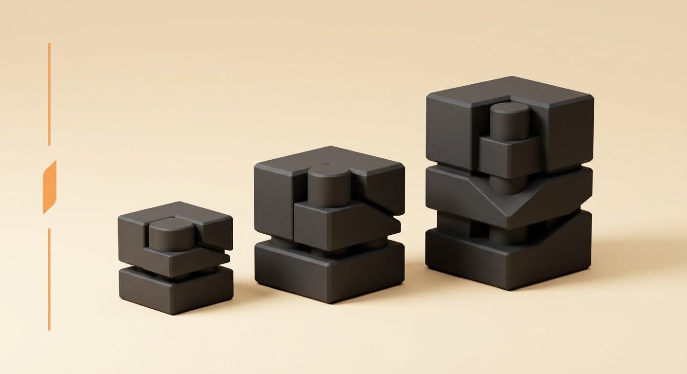 Minimal 3D render of three ascending blocks comparing parametric text-to-CAD tools by printability