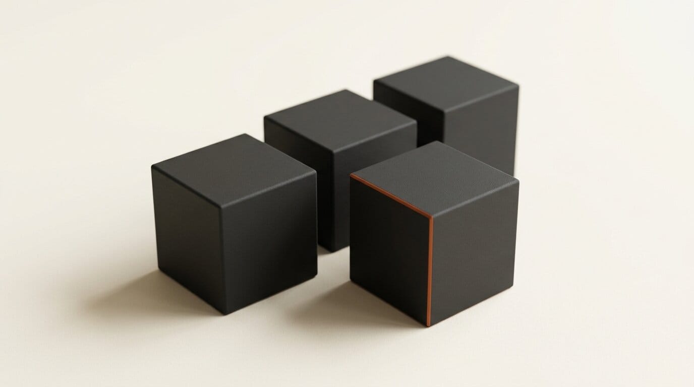 Cluster of matte 3D cubes representing the image model toolkit for character consistency