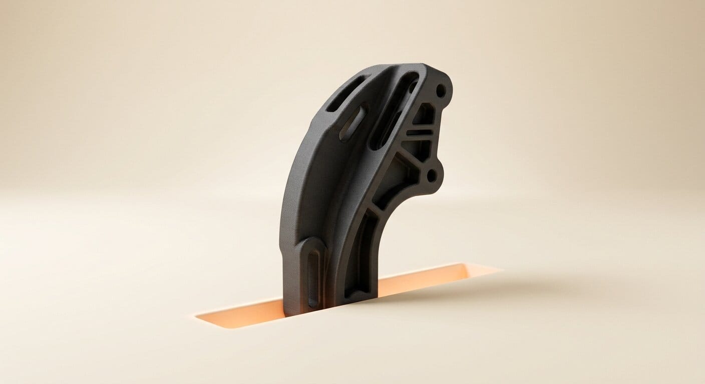 Minimal 3D render of a printed bracket emerging from a glowing prompt, representing text-to-CAD for makers