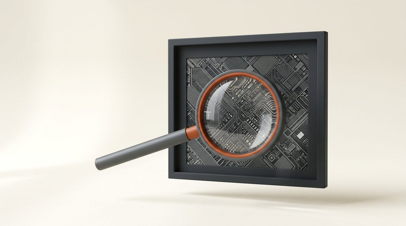 3D render of a framed image panel with a magnifier revealing HD detail, representing the HD mode workflow