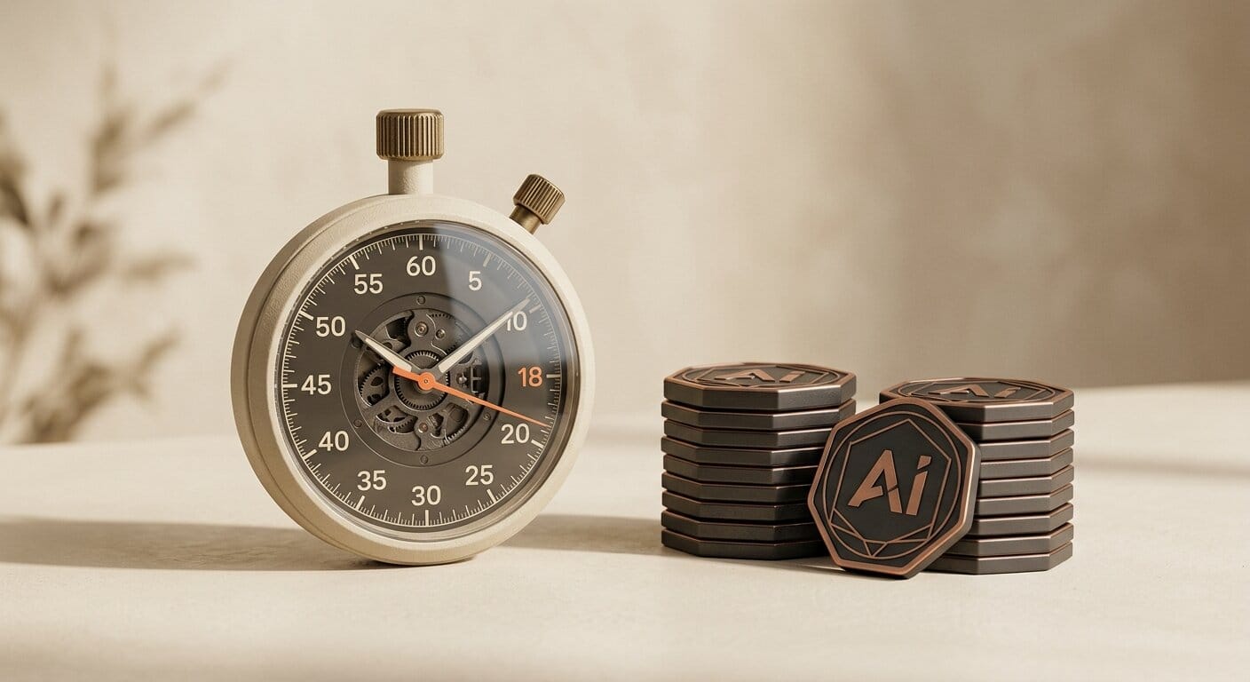 3D stopwatch and stacked credit tokens representing per-second versus credit-based video pricing