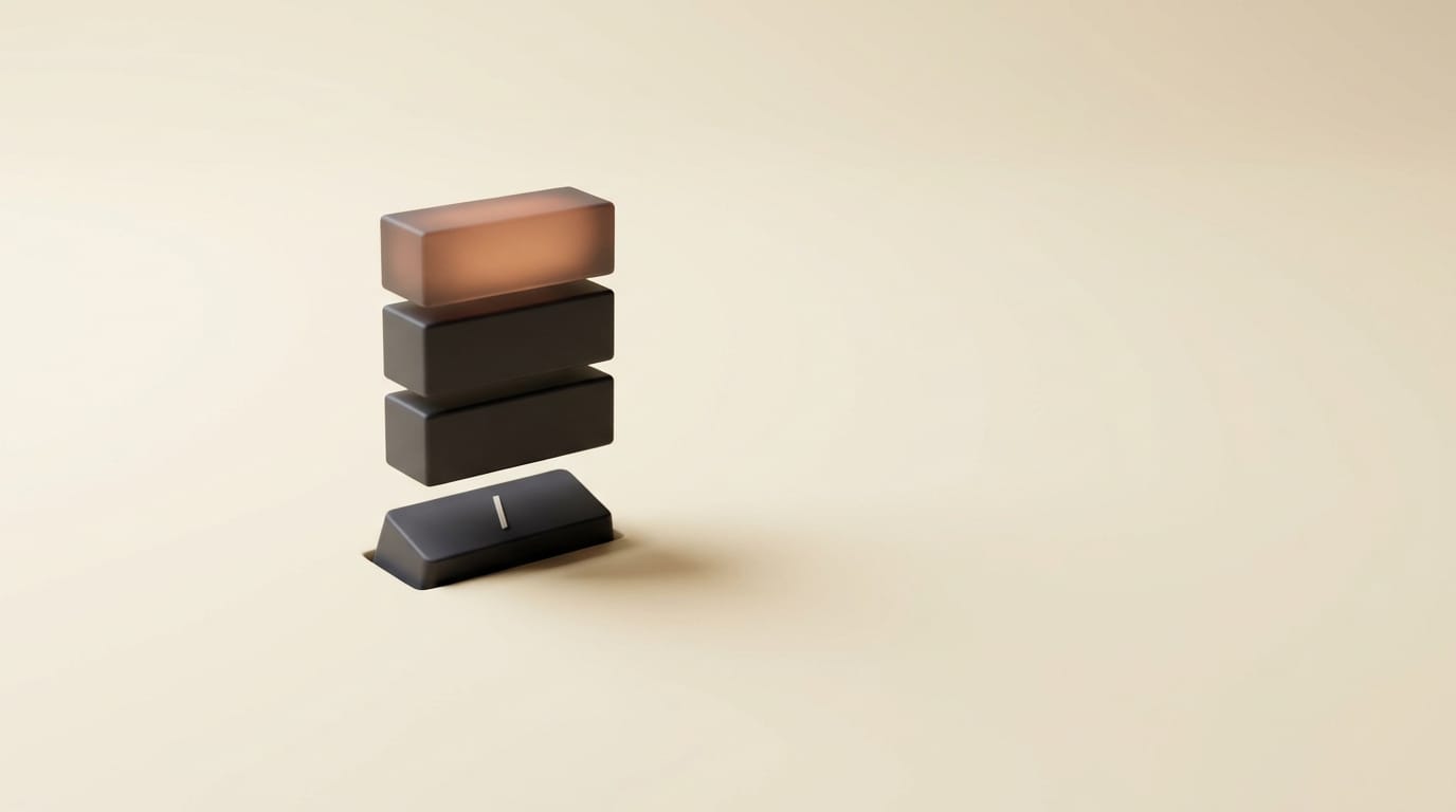 Minimal 3D render of a slash command triggering a stack of Skill blocks in sequence