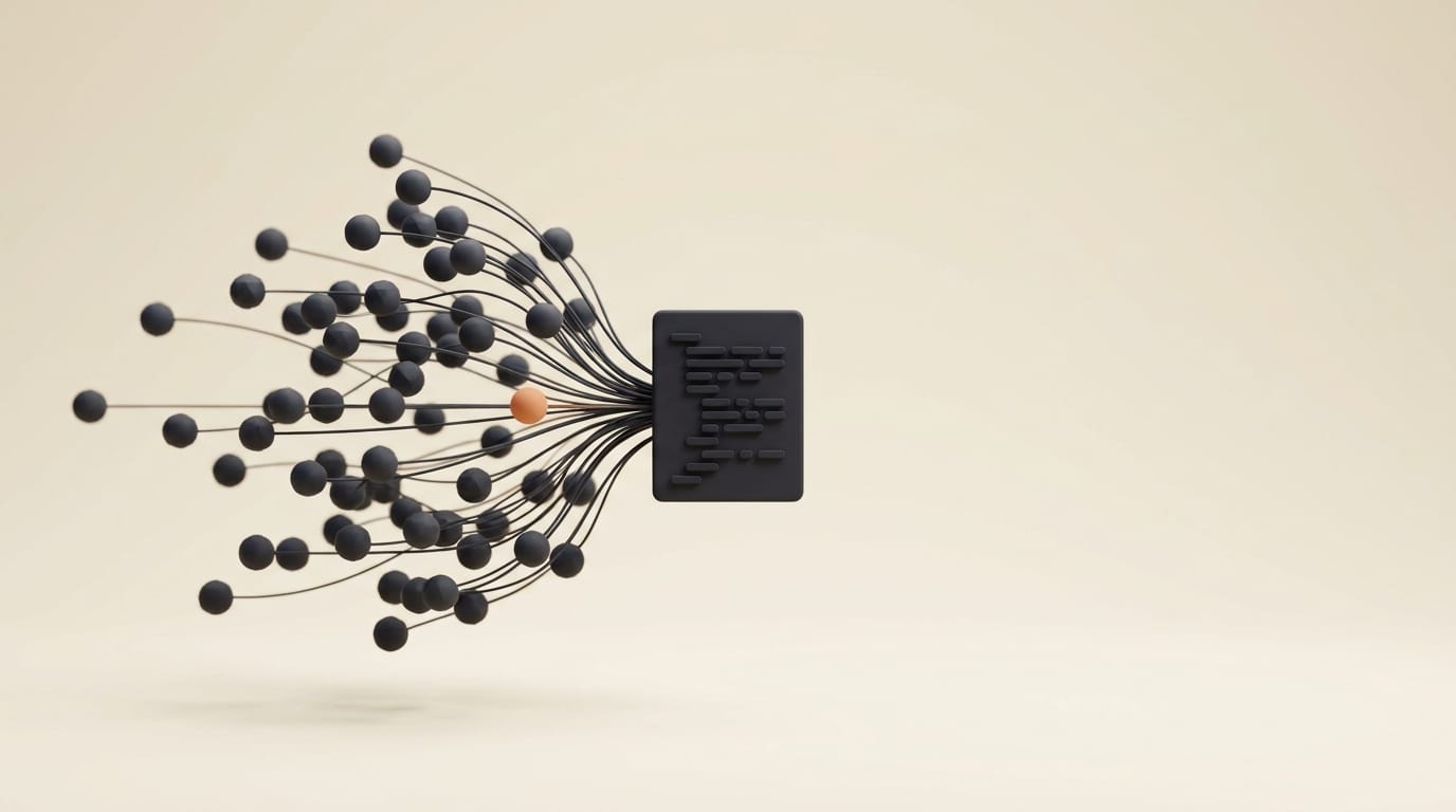 A matte 3D swarm of small linked nodes converging on a central code block
