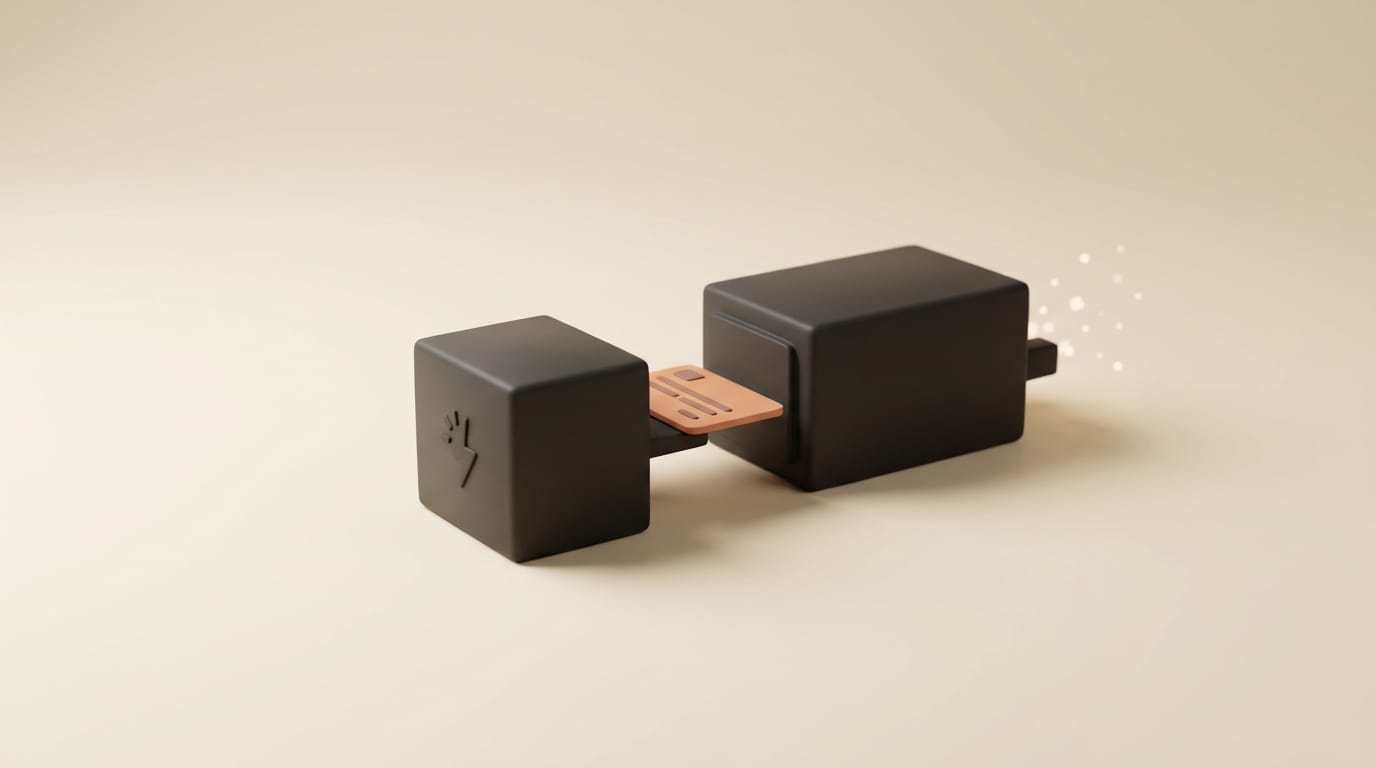 Matte 3D render of a single event trigger feeding a scoped work item into a processing block