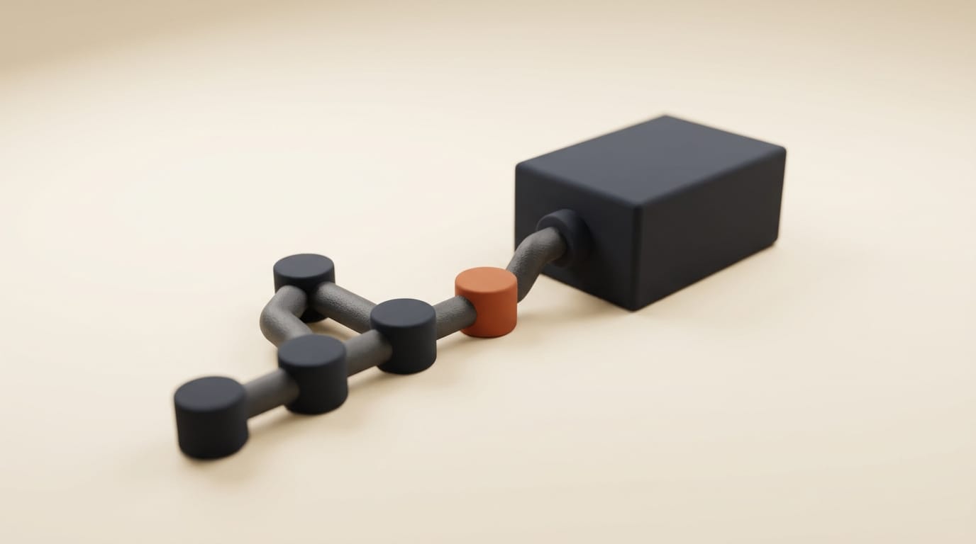 Model routed into an agent pipeline shown as linked 3D nodes
