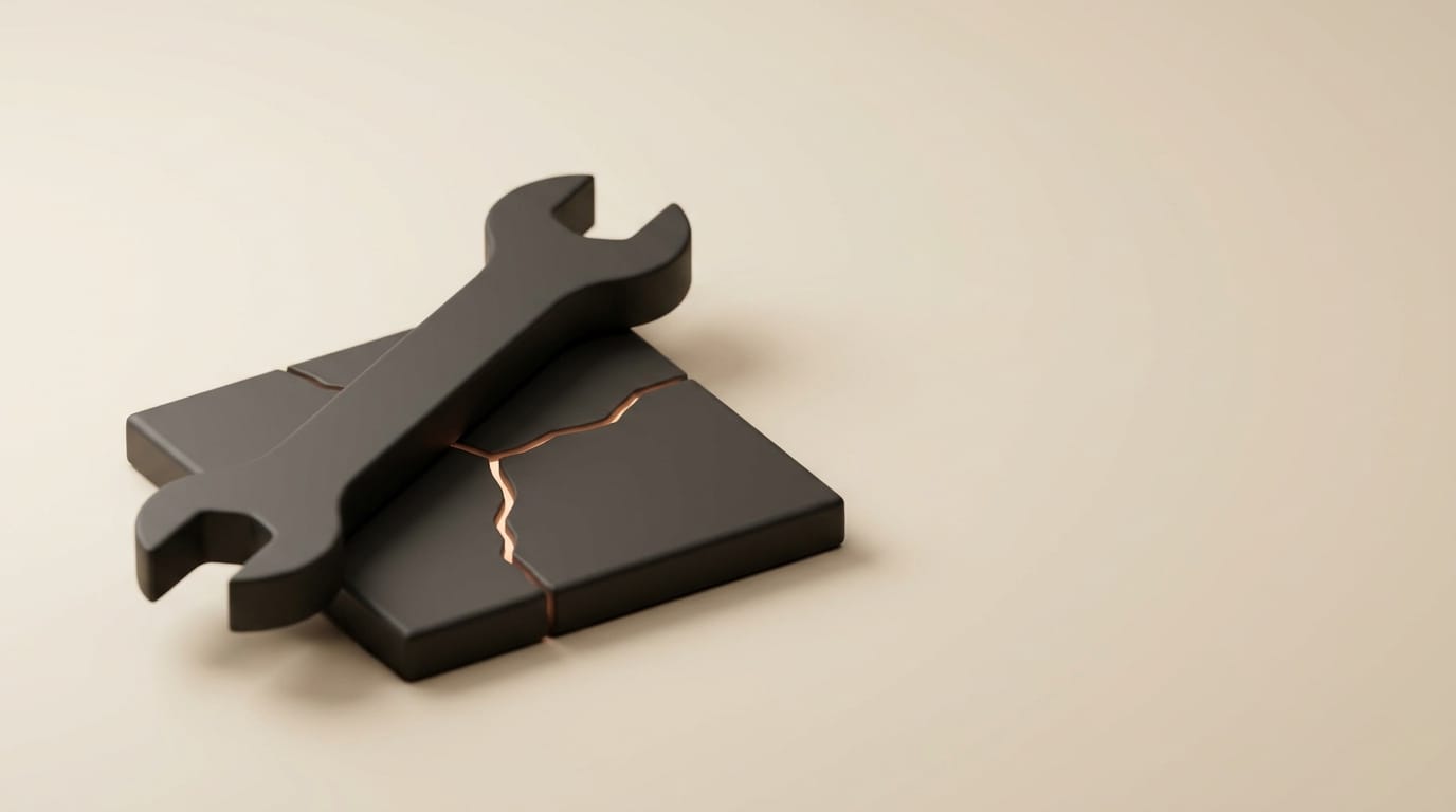 A wrench repairing a cracked video frame, representing troubleshooting AI ad failures