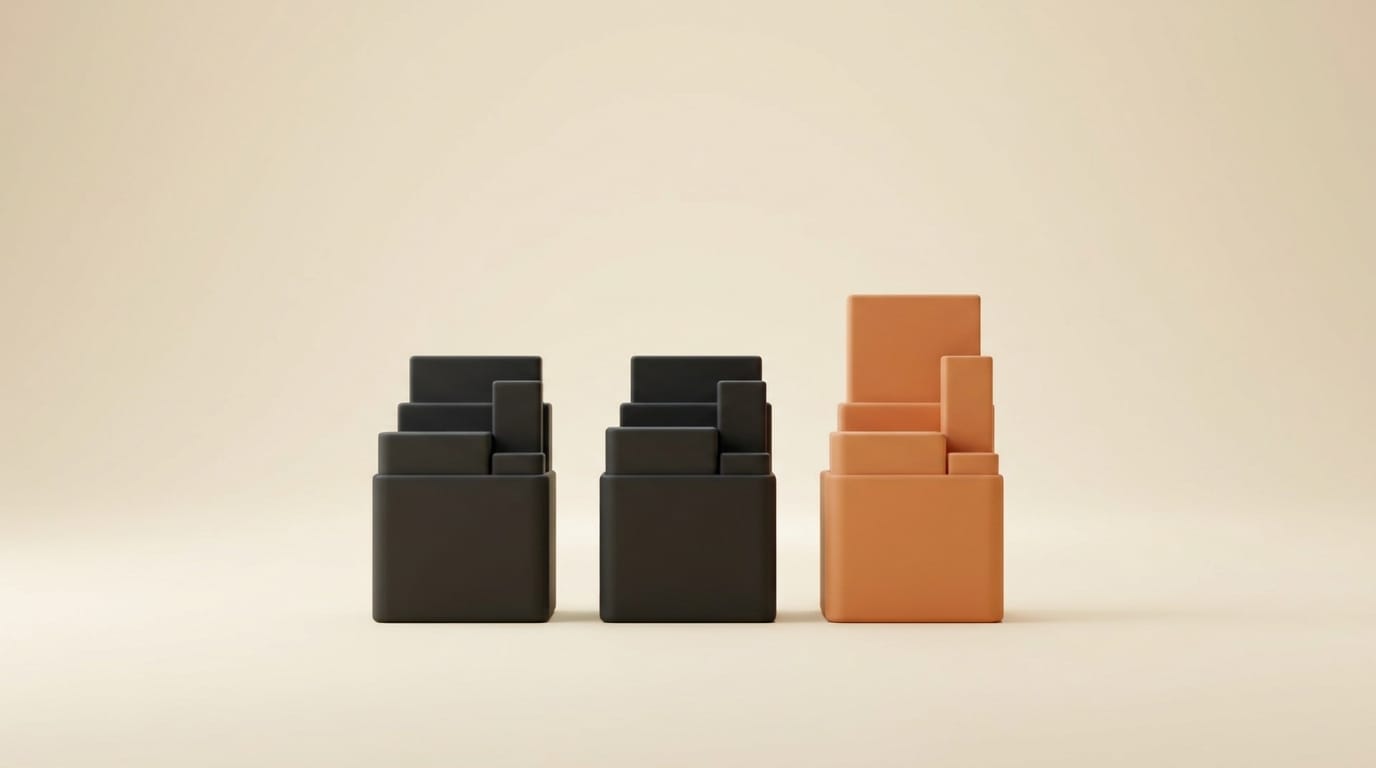 A matte 3D comparison of three stacked toolsets of different heights representing tool counts