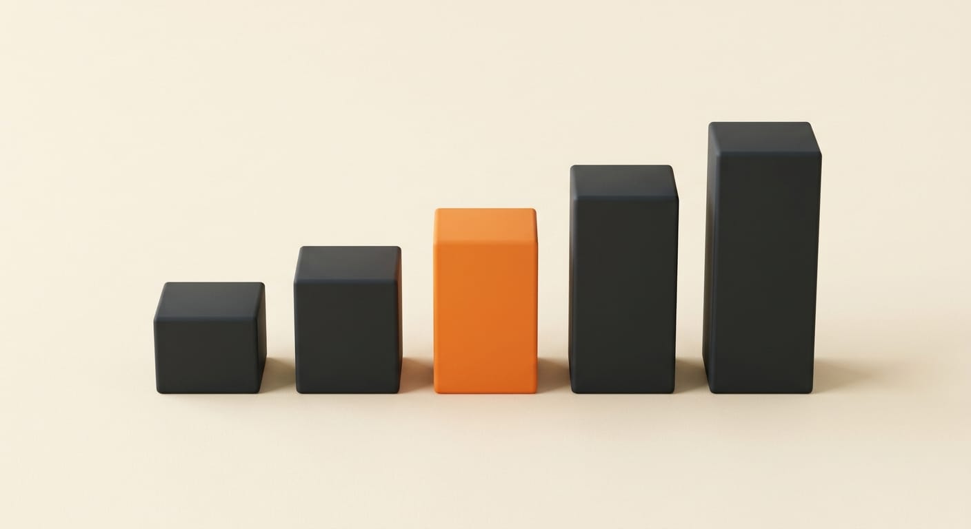Minimal 3D render of ascending bar blocks with one orange block, representing a model comparison