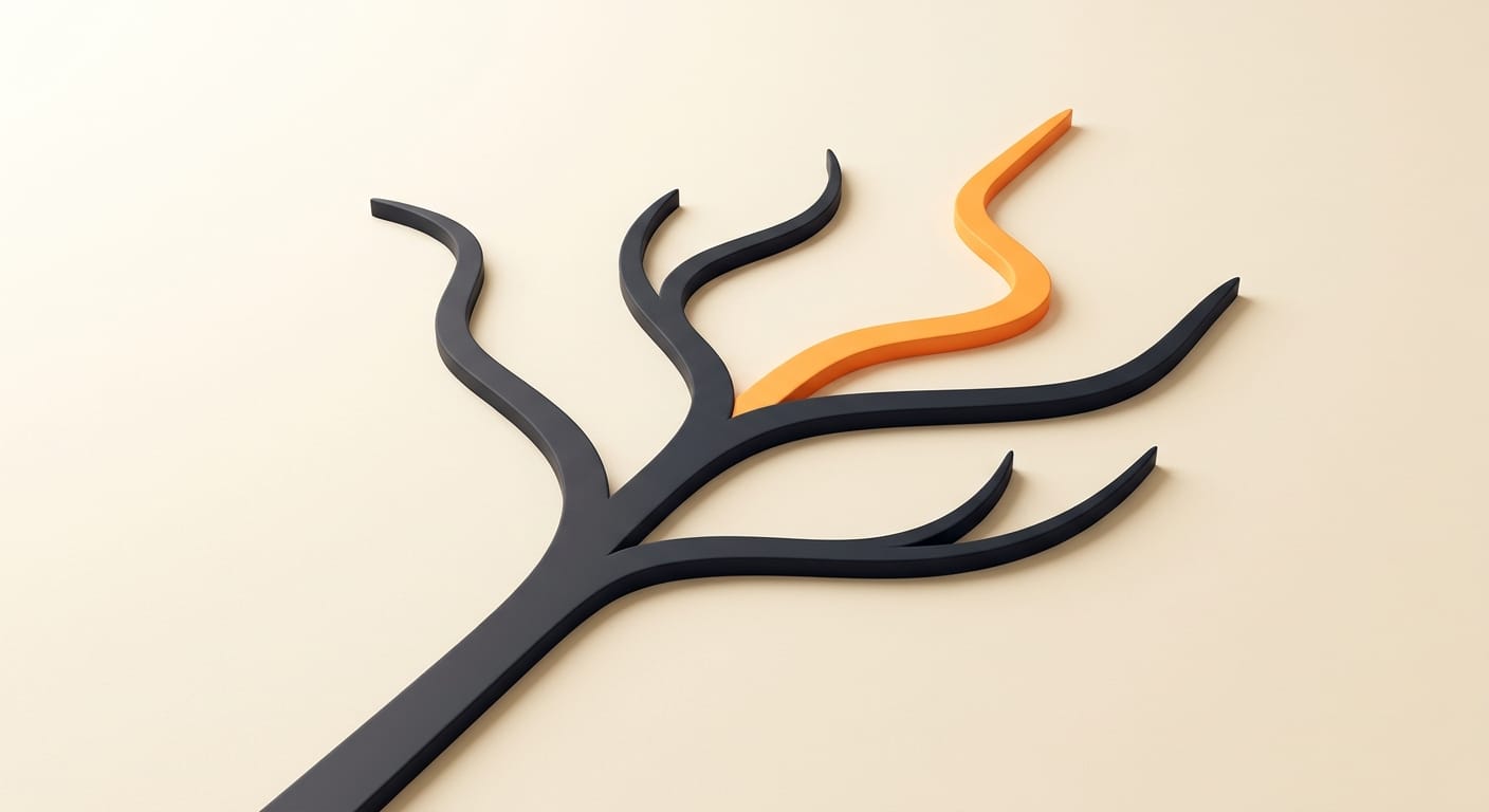 Minimal 3D render of a branching fork with one orange path, representing a tool selection decision
