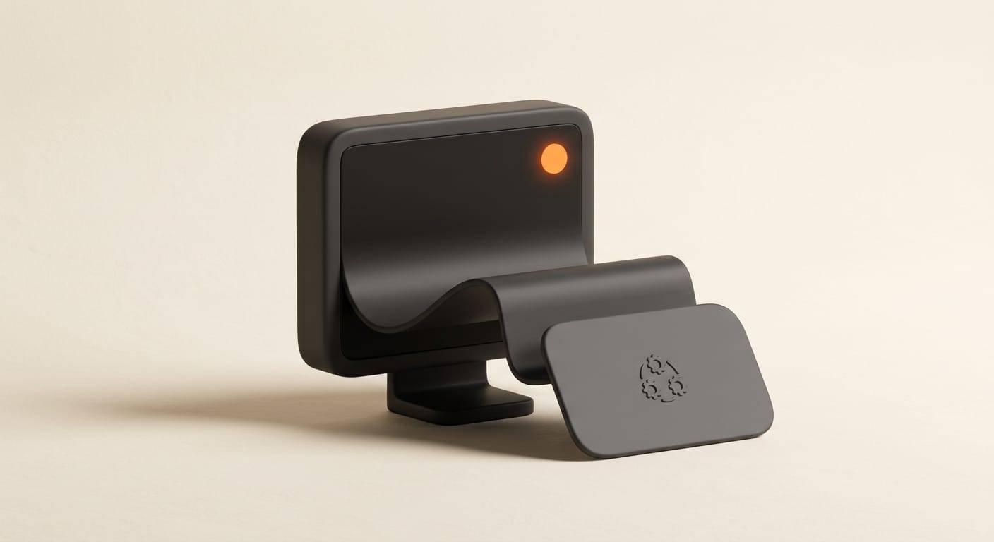 Minimal 3D render of a screen-recording session being packaged into a reusable skill card