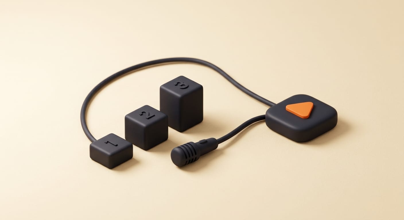 Minimal 3D render of narrated steps flowing into a single rerunnable action button