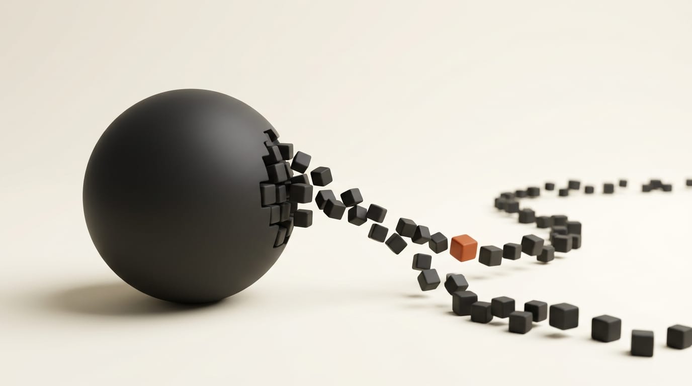 3D render of a matte charcoal funnel draining small beads, one orange, on a cream background