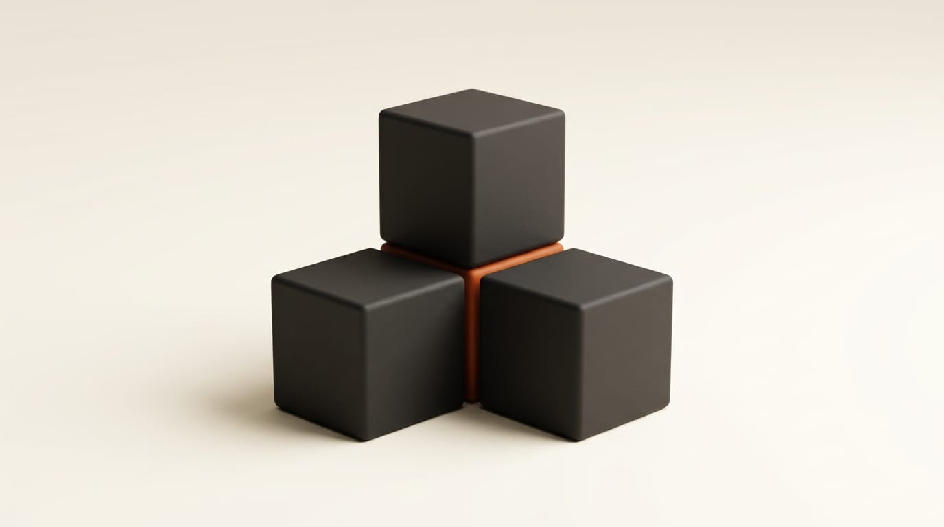 Three matte charcoal 3D blocks arranged in a triangle with one orange edge, representing three combined risk factors on a cream background