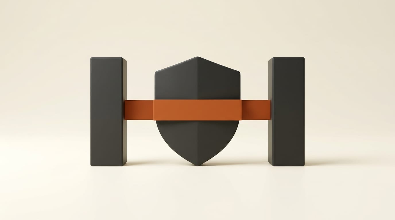 Matte charcoal 3D shield with an orange band standing between two separated blocks on a cream background
