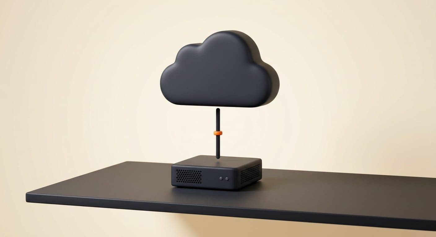 Cloud brain connected to a local execution box representing Devin Outposts split architecture