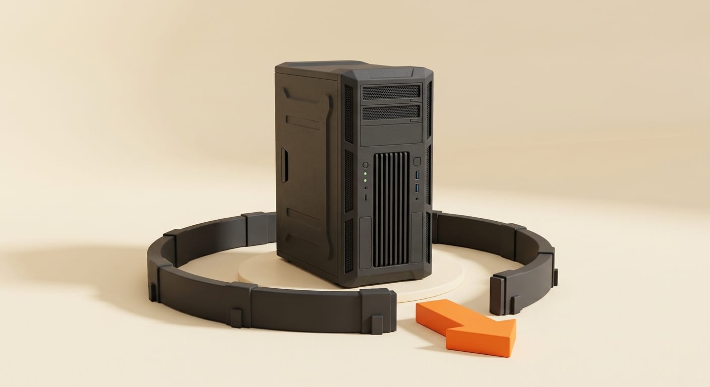 A shielded local server with an outbound-only arrow representing scoped agent access