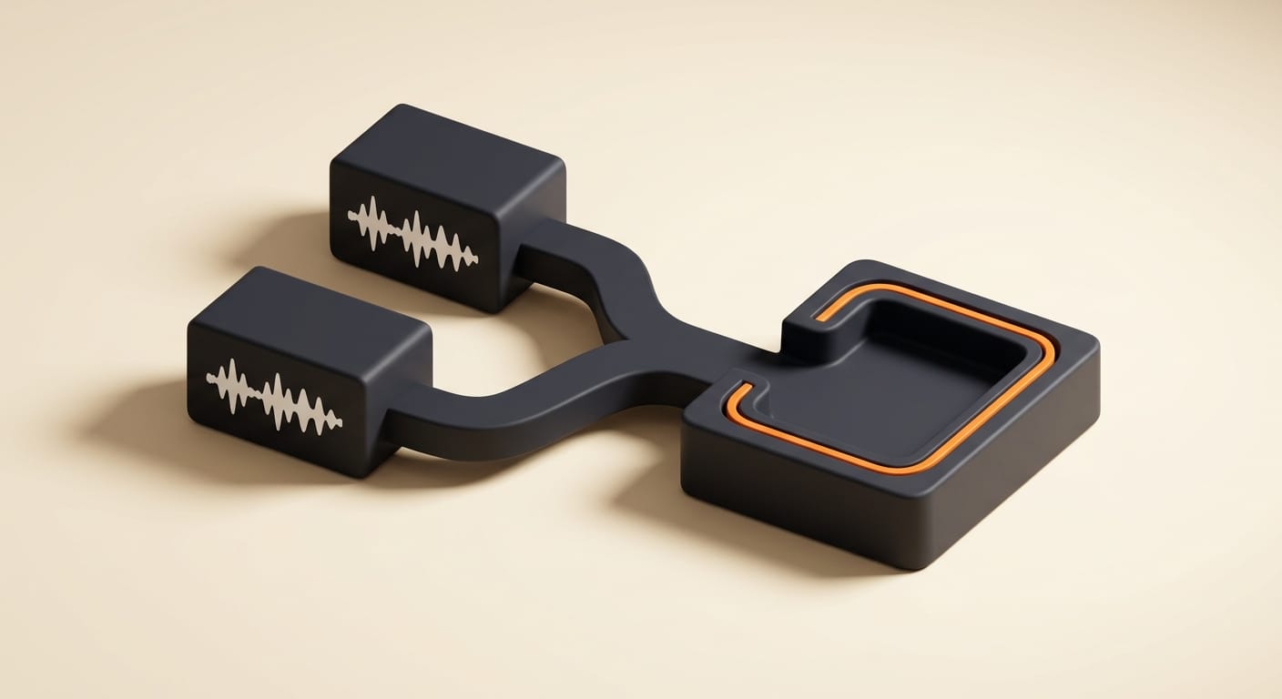 Two labeled audio waveform blocks feeding a single transcription output, 3D render