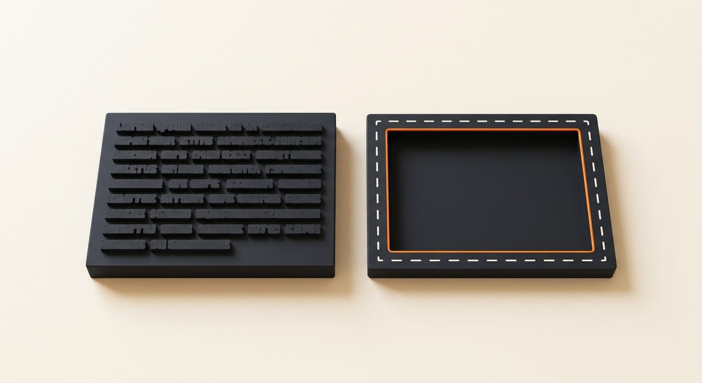A single accurate text block beside a missing subtitle-file slot, 3D render