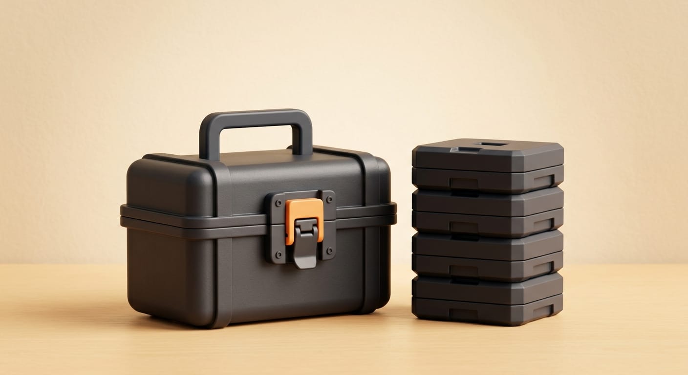 Minimal 3D render of a matte charcoal toolbox with stacked component blocks on a cream background