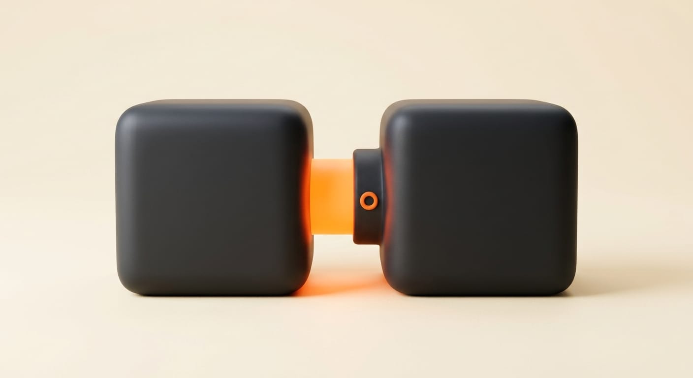 Minimal 3D render of two matte charcoal forms joined by a glowing orange socket connector on a cream background