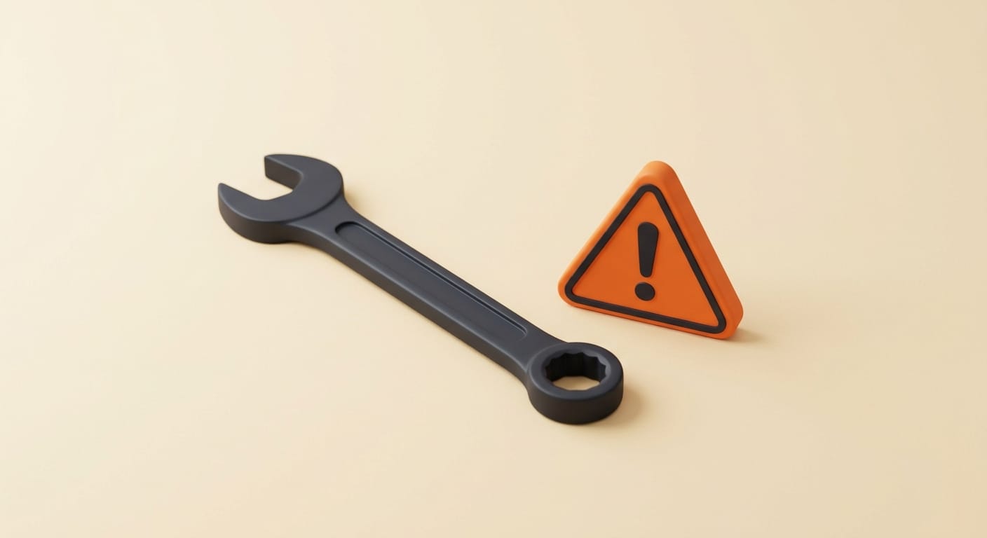 Minimal 3D render of a matte charcoal wrench resting beside a small orange warning marker on a cream background