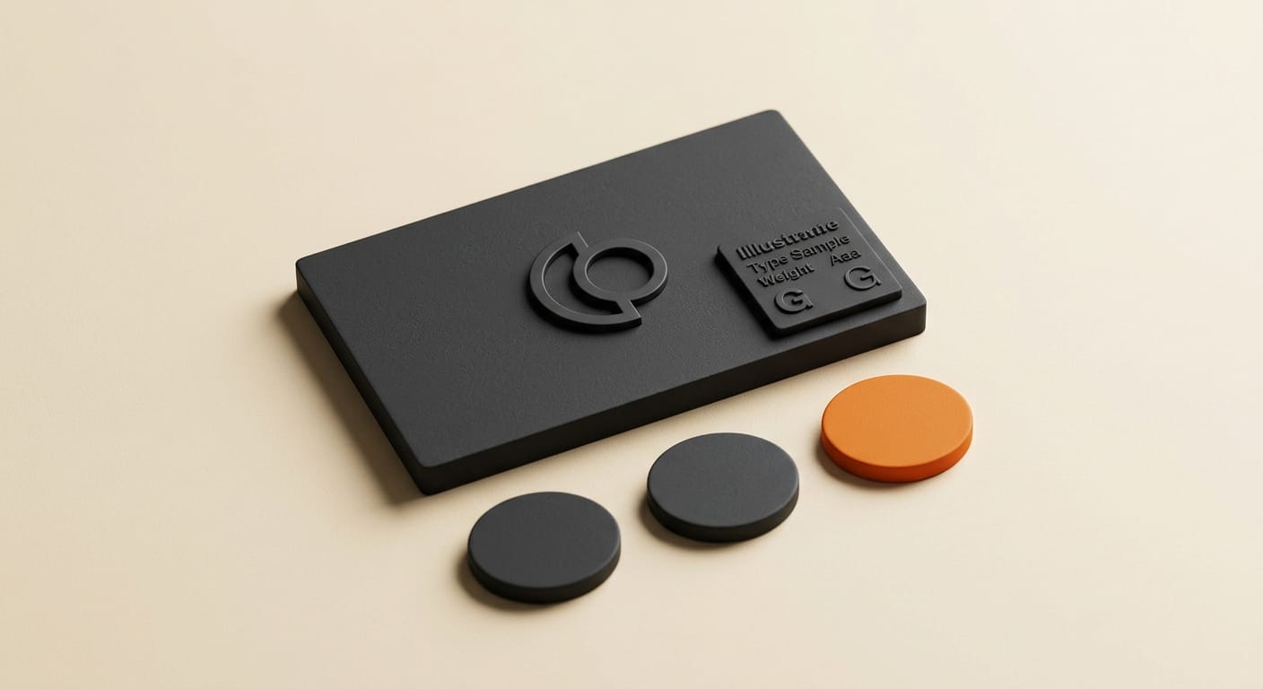 A minimal logo mark, type sample, and color chips arranged as a starter brand kit, 3D render