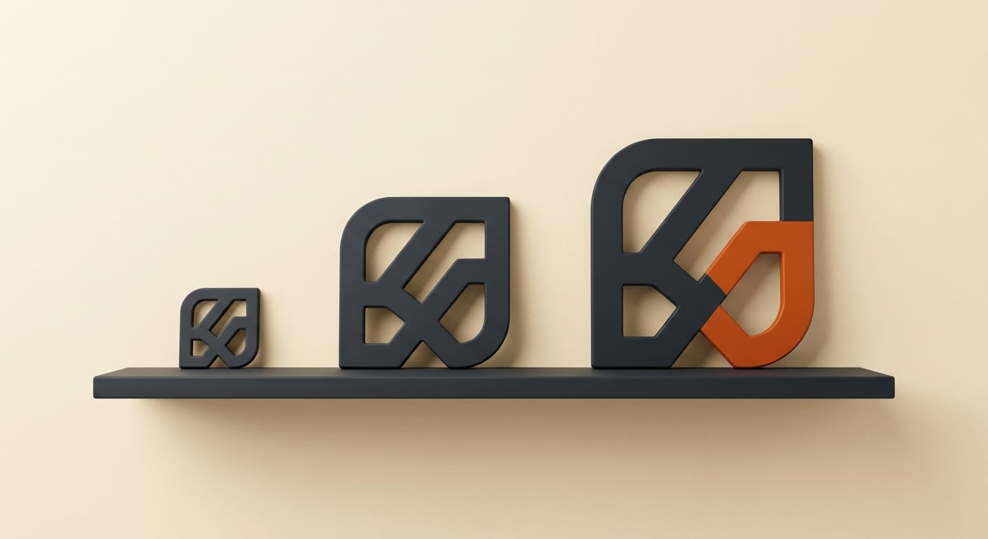 A single logo mark shown at favicon, app-icon, and billboard scale, 3D render