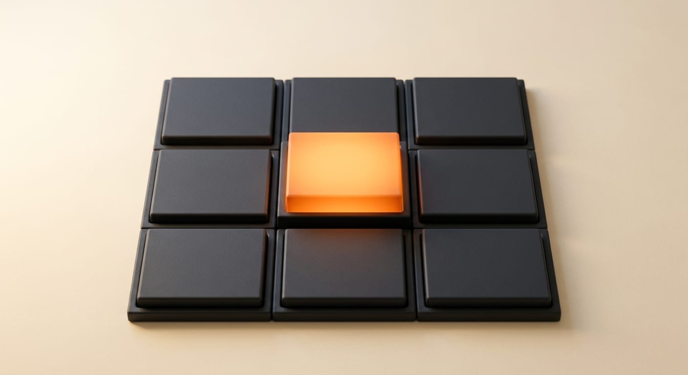 A single bold thumbnail standing out from a grid of dim competitors, minimal 3D render