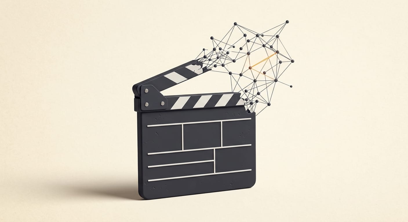 Minimal 3D render of a film clapperboard fused with a neural node network