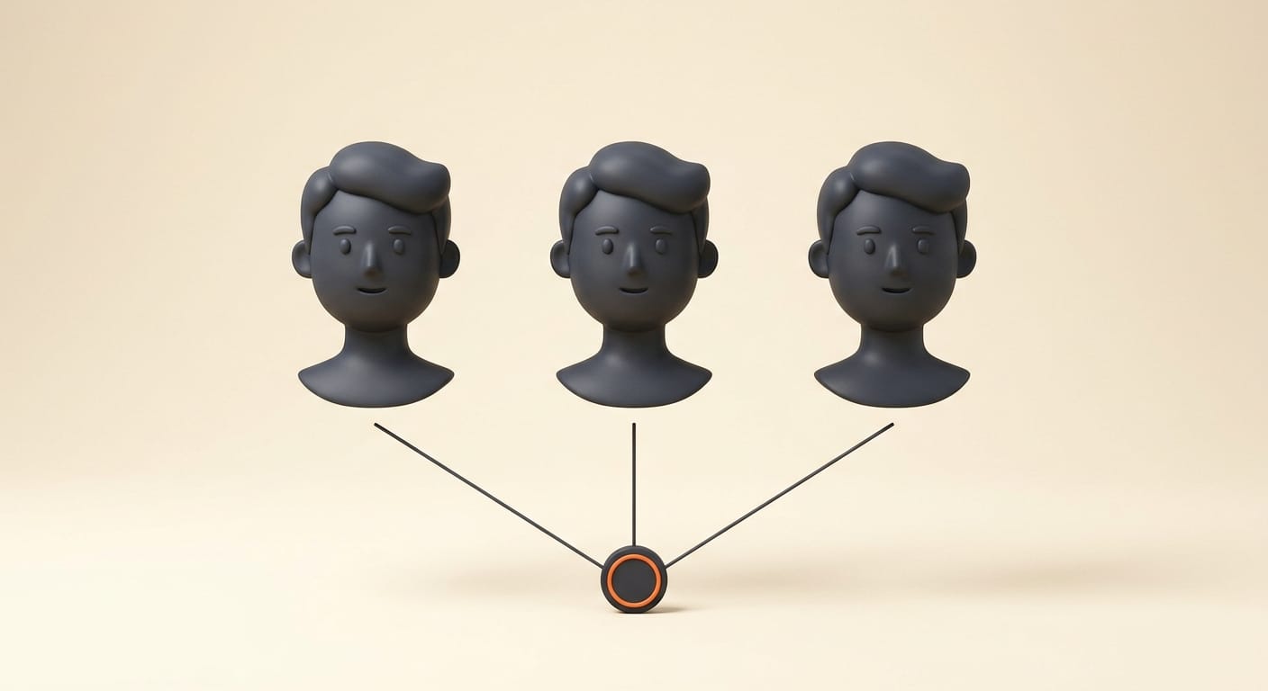 Minimal 3D render of identical character busts aligned to a single reference marker