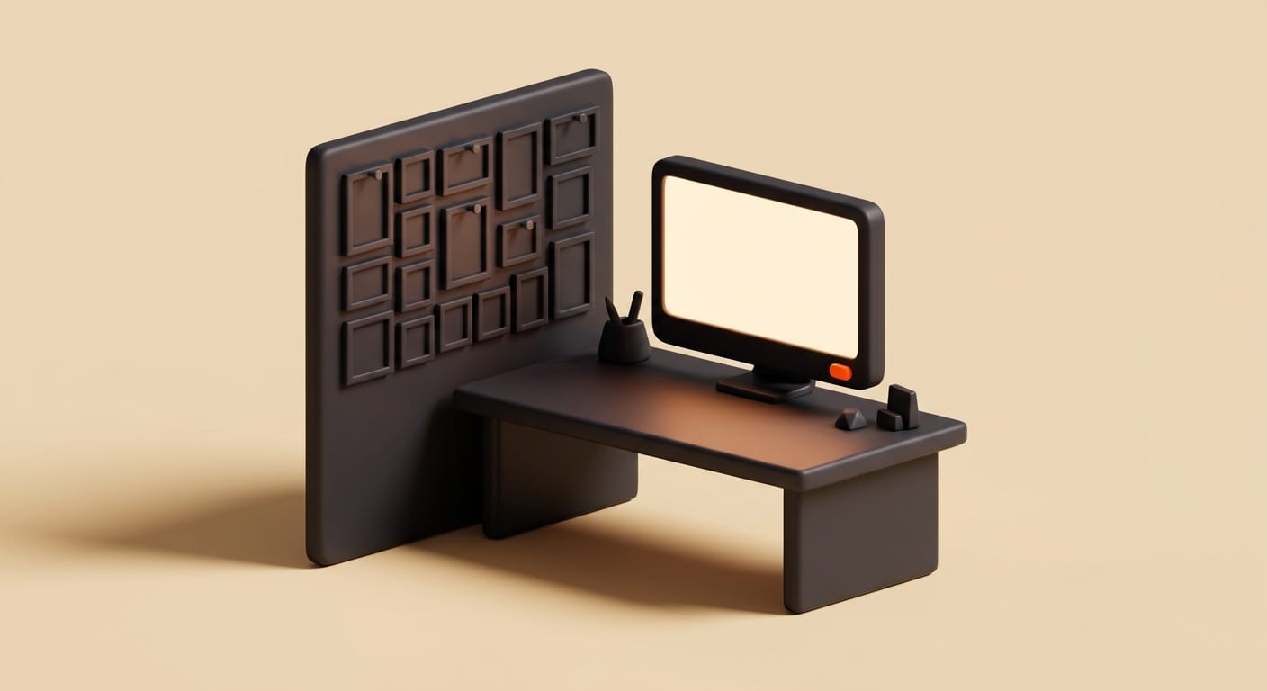 Minimal 3D render of a solo creator workstation with a reference board and render output