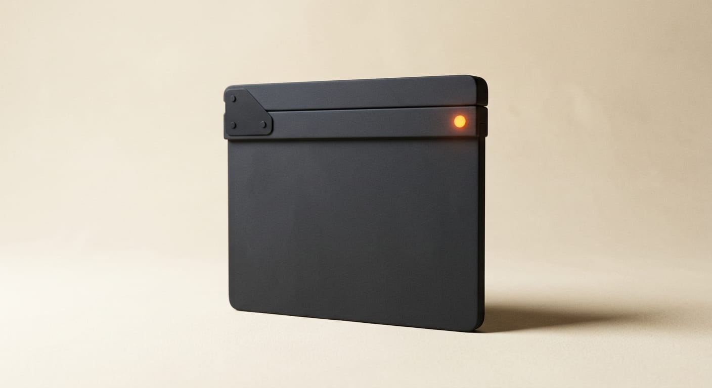 Minimal 3D render of a film frame with a glowing live-signal indicator representing real-time AI video editing