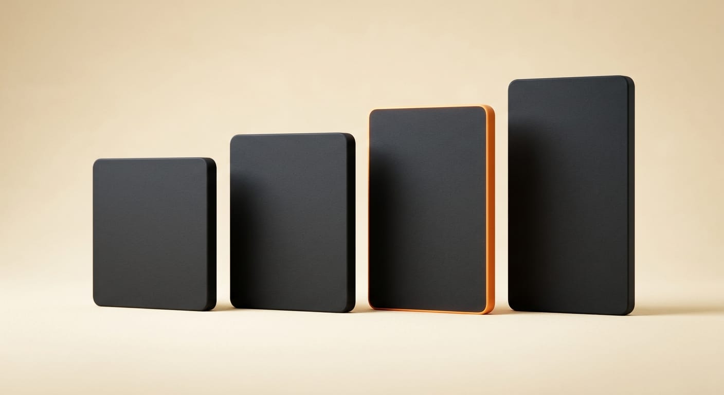 Minimal 3D render of four stacked matte cards of differing heights comparing AI video editing tools, one card with an orange accent