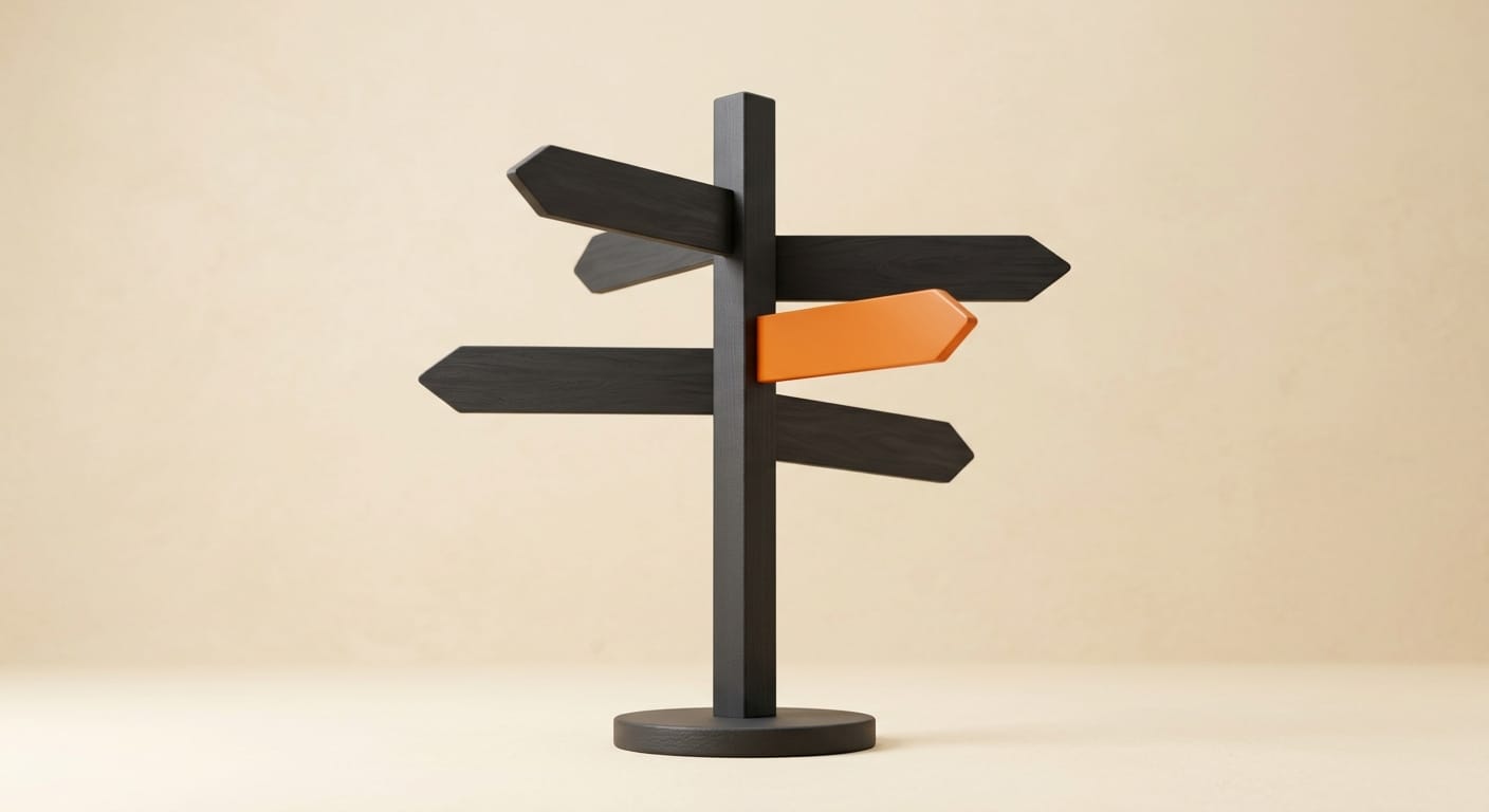Minimal 3D render of a branching signpost with one orange arrow representing choosing the right AI video editing tool