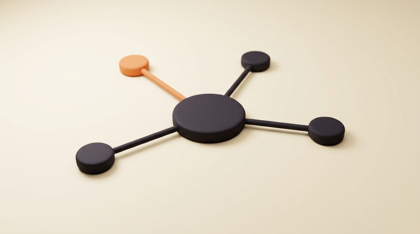 Diagram-style 3D render of a routing hub sending requests to different sized model blocks