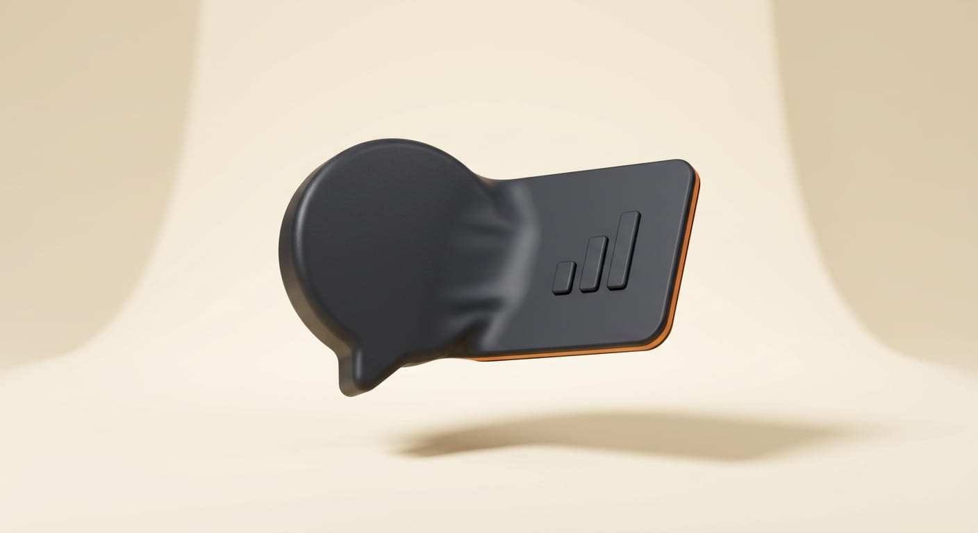 Minimal 3D render of a text prompt transforming into a branded animated infographic card