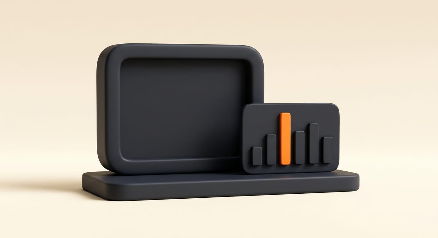 Minimal 3D render of a half-size animated chart sitting beside a video avatar on one canvas