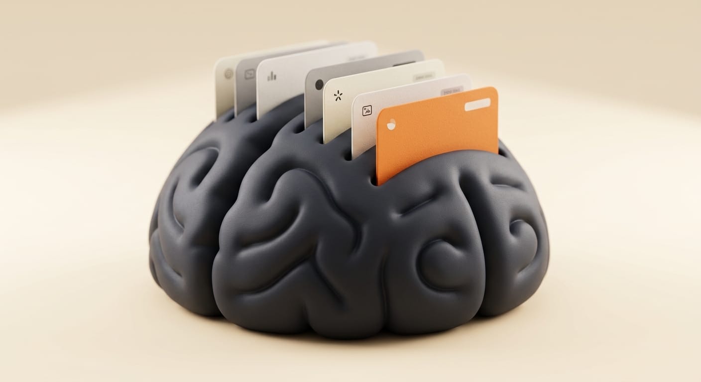 A matte 3D brain-shaped node storing labeled memory cards, warm cream backdrop