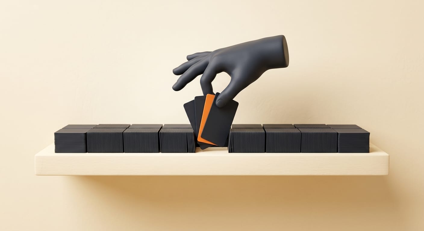 A matte 3D hand pruning memory cards from a shelf, keeping some and discarding others