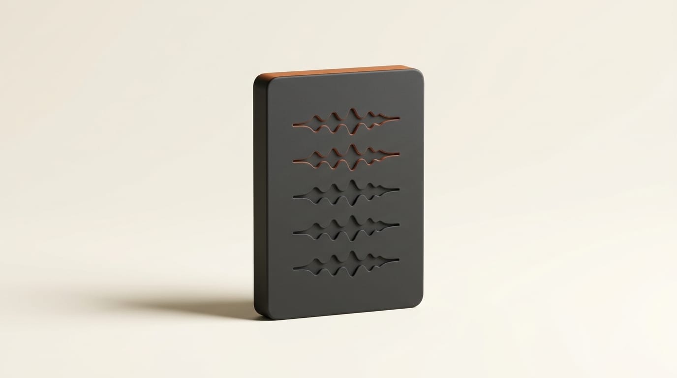 A matte 3D card engraved with layered speaker markers representing diarization