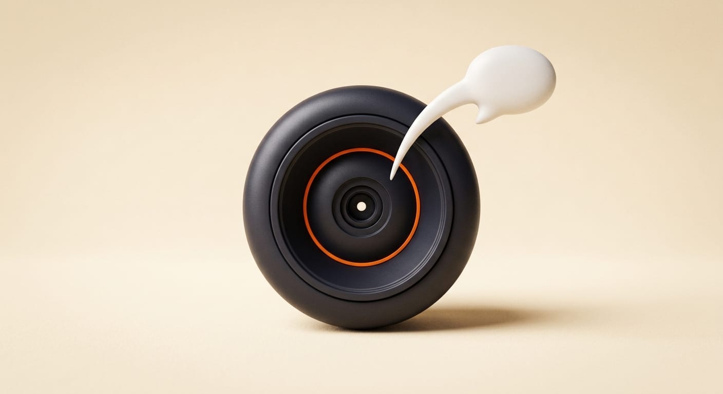 A 3D camera lens with a speech arc representing an on-camera AI assistant