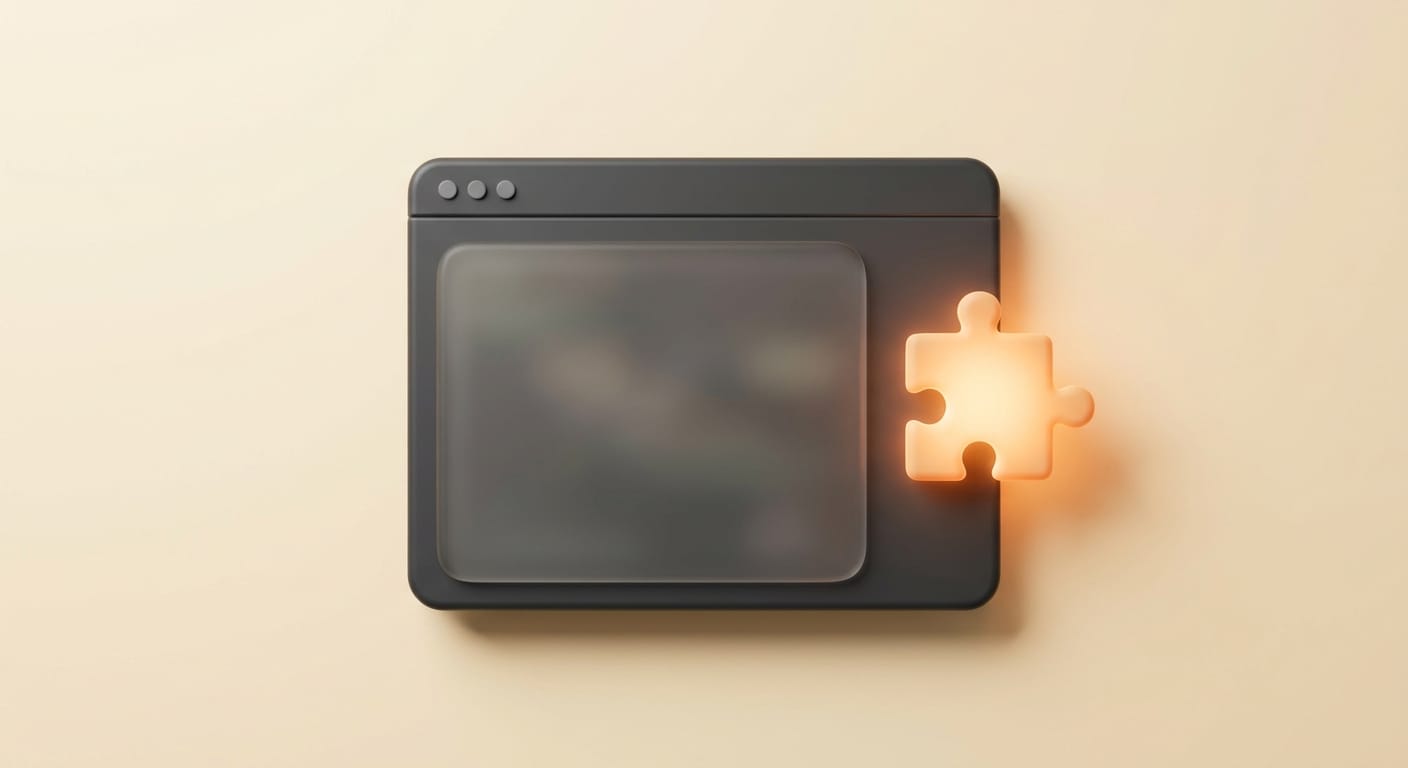 A standalone browser window dimming beside a glowing extension puzzle piece on a cream backdrop