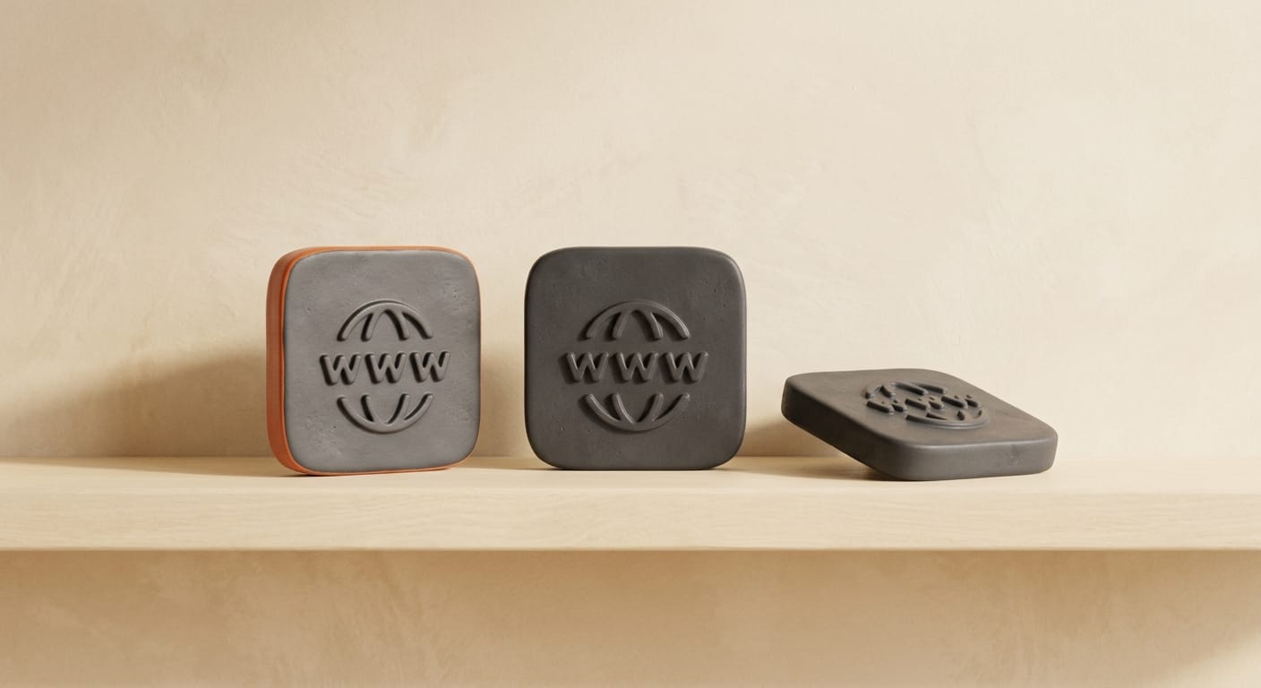 Three browser icons on a shelf with one toppled, a single orange accent, cream backdrop