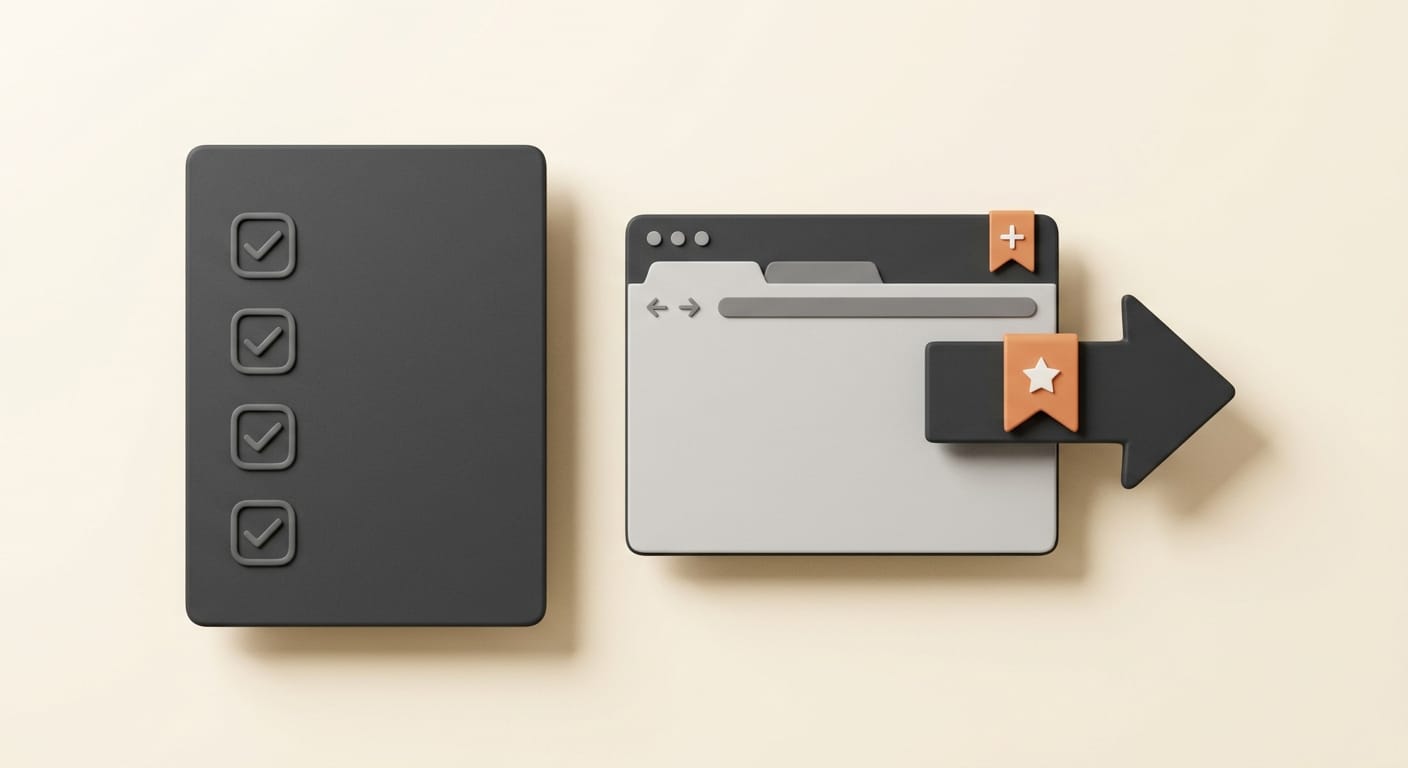 A checklist card beside an export arrow leaving a browser, one orange highlight, cream backdrop